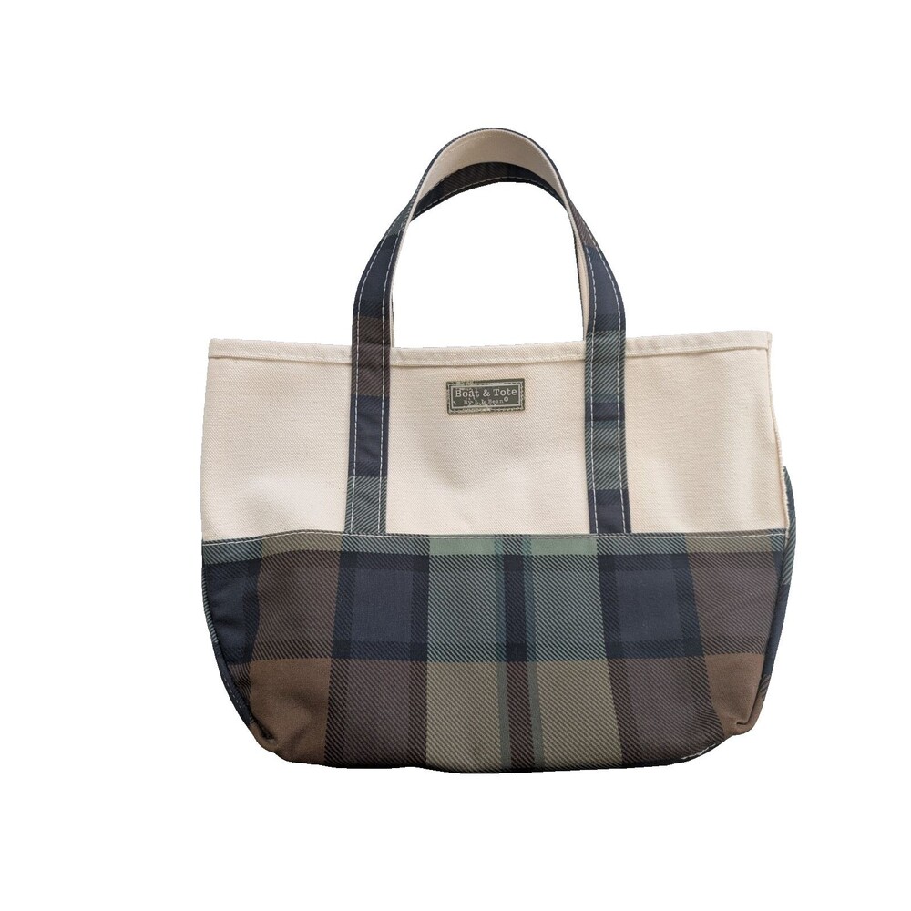 Vintage L.L.Bean Boat & Tote Medium Brown Green Plaid Canvas Pocket USA Bag 16"